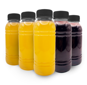 GARRAFA TRANSP REDONDA 300ML C/TAMPA PRETA C/100UN