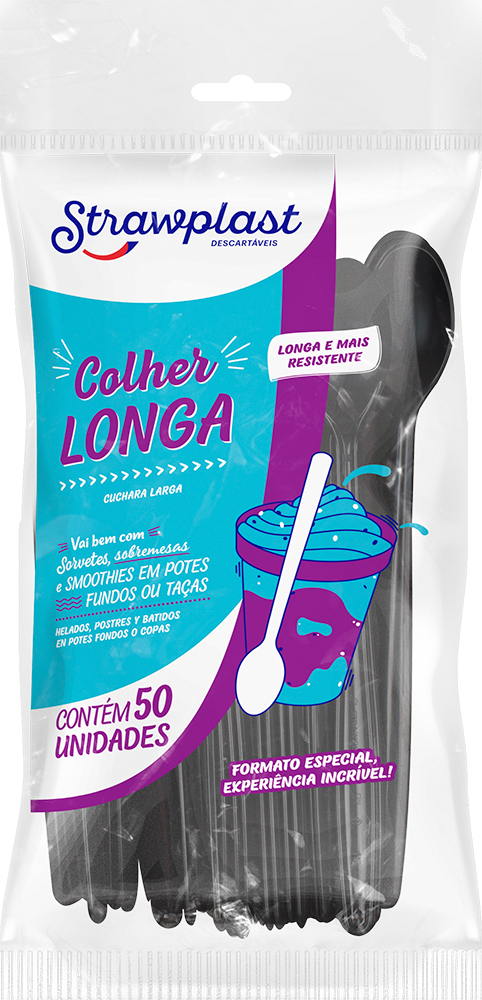 COLHER LONGA 18CM PRETA CX 10X50UN STRAWPLAST
