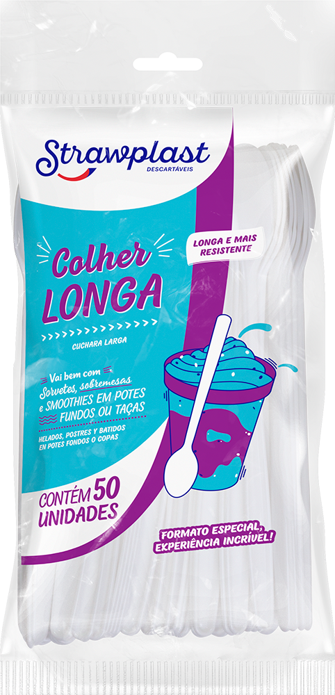 COLHER LONGA 18CM BRANCA CX 10X50UN STRAWPLAST